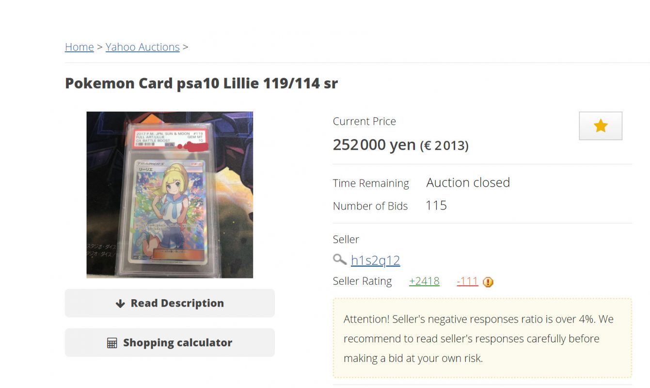 Japanse PSA 10 Lillie Full Art geveild in Japan en ze was niet goedkoop